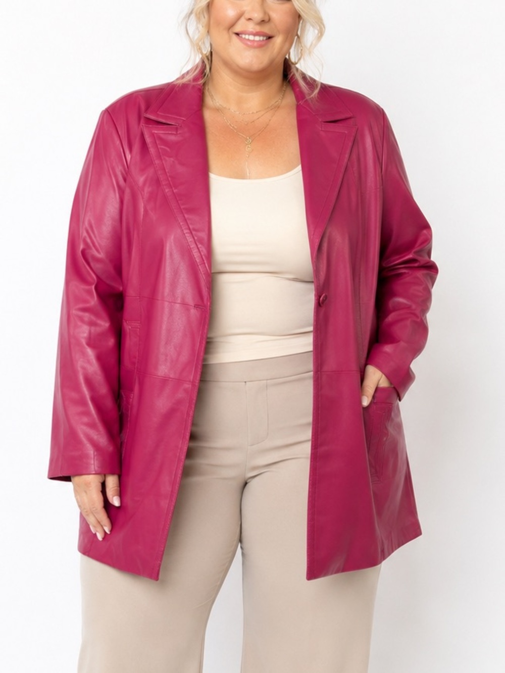 Vintage Pamela McCoy 2X Berry Pink Genuine Leather Blazer Jacket Plus Size